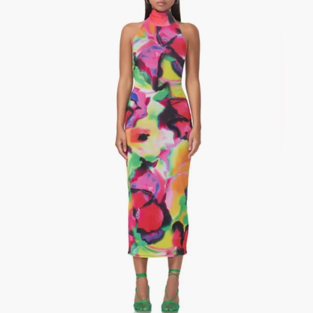 TURTLENECK MESH HALTER DRESS